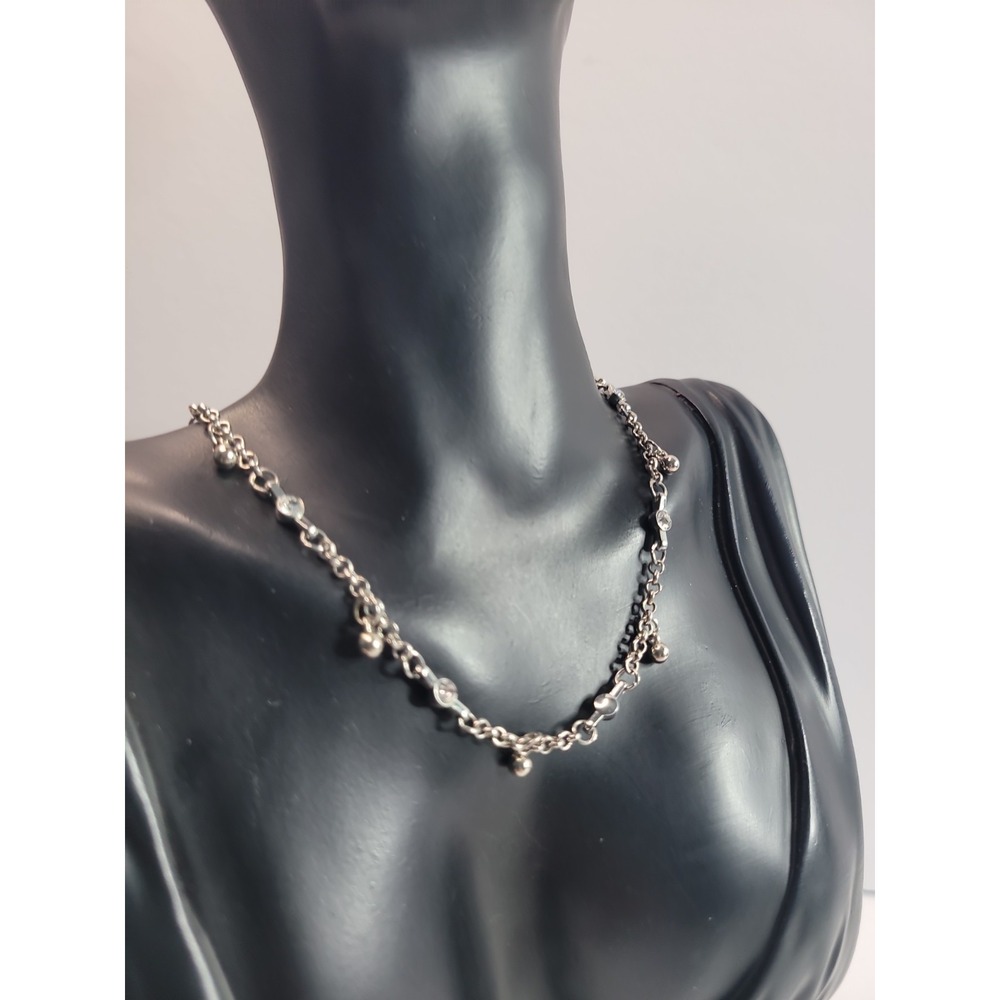 Silver Tone Station Necklace Clear Accents Dangle Drops Dainty Sparkle